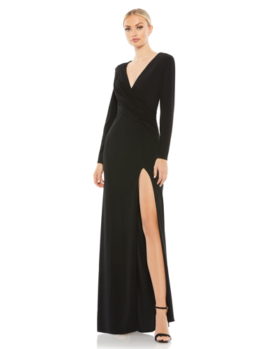 Ieena For Mac Duggal Jersey Long Sleeve Asymmetrical Ruched Gown In Black