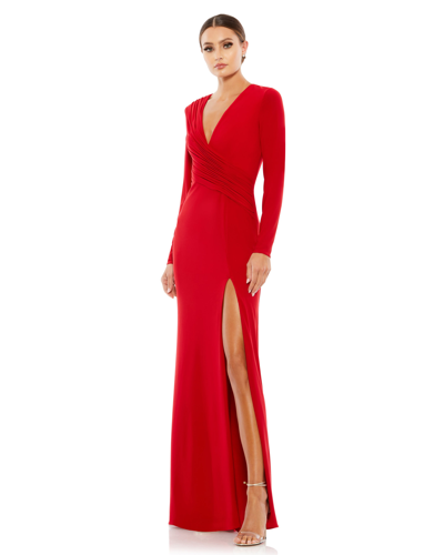 Ieena For Mac Duggal Jersey Long Sleeve Asymmetrical Ruched Gown In Red