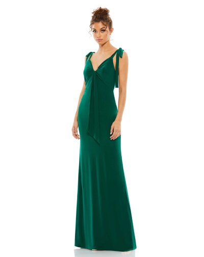Mac Duggal Jersey Low Back Bow Shoulder Gown In Green