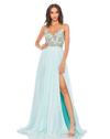 Mac Duggal Jewel Encrusted Thigh High Slit Gown In Aqua