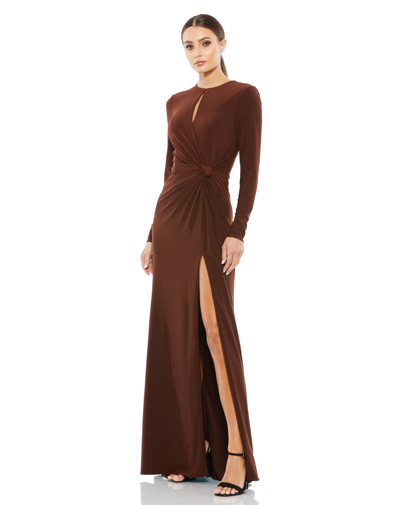 Ieena For Mac Duggal Keyhole Gathered Waist Jersey Gown In Chocolate
