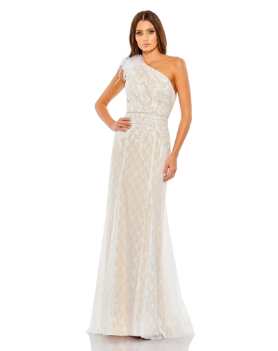 Mac Duggal Lace Embellished Feathered One Shoulder Gown In White