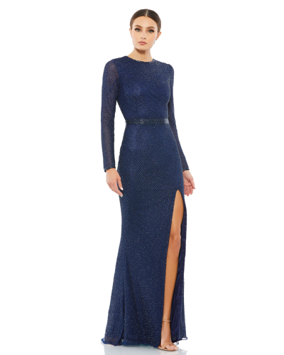 Mac Duggal Lattice Beaded Long Sleeve Evening Gown In Midnight