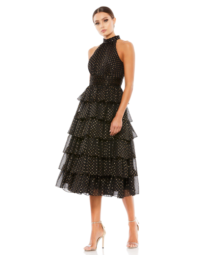 Mac Duggal High-neck Tiered Dotted Midi-dress In Black Gold