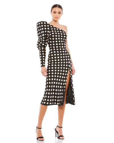 IEENA FOR MAC DUGGAL LONG PUFF SLEEVE POLKA DOT TEA LENGTH DRESS