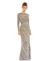 Mac Duggal Beaded Illusion Neck Long Sleeve Gown In Platinum