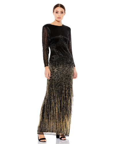 Mac Duggal Long Sleeve Beaded Fringe Evening Gown In Gold