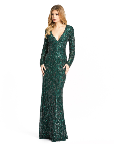 Mac Duggal Long Sleeve Beaded V-neck Gown In Forest Green