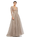 Mac Duggal Embellished Long Sleeve Mesh A-line Gown In Taupe