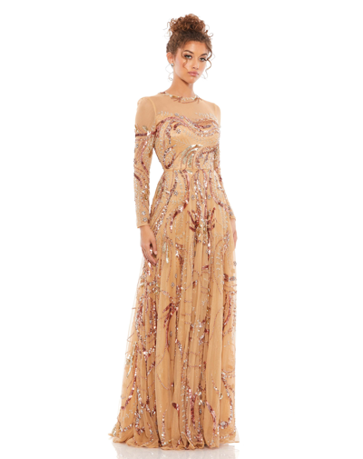 Mac Duggal Long Sleeve Embellished Illusion Evening Gown In Caramel