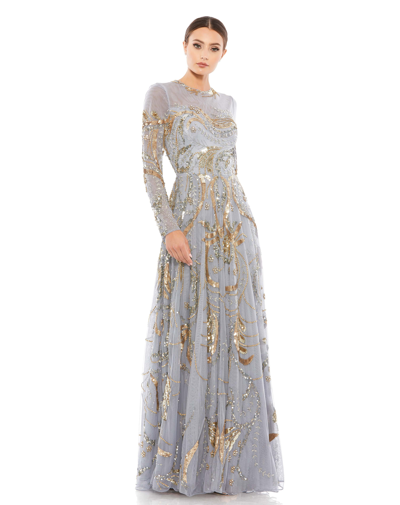 Mac Duggal Long Sleeve Embellished Illusion Evening Gown In Platinum/gold