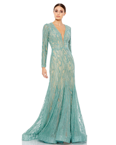 Mac Duggal Long Sleeve Embellished Trumpet Gown In Blue