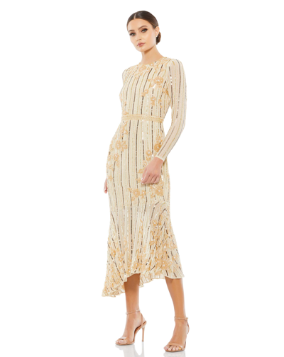 Mac Duggal Long Sleeve Floral Beaded Tea Length Dress In Nude Gold