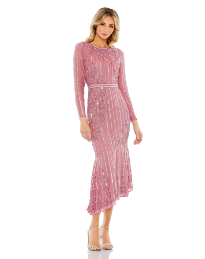 Mac Duggal Long Sleeve Floral Beaded Tea Length Dress In Rosewood
