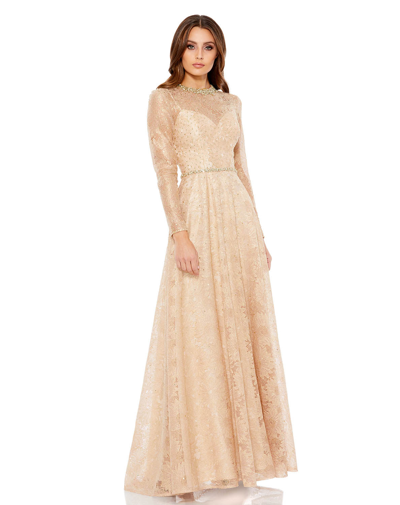 Mac Duggal Embellished Golden Lace Gown In Beige