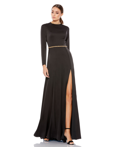 Ieena For Mac Duggal Long Sleeve Jewel Trimmed Charmeuse Gown In Black