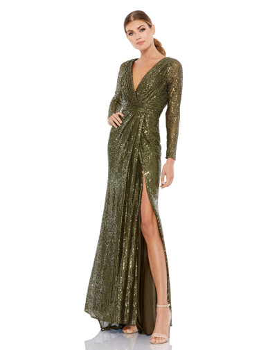 Ieena For Mac Duggal Long Sleeve Ruched Faux Wrap Sequined Gown In Olive