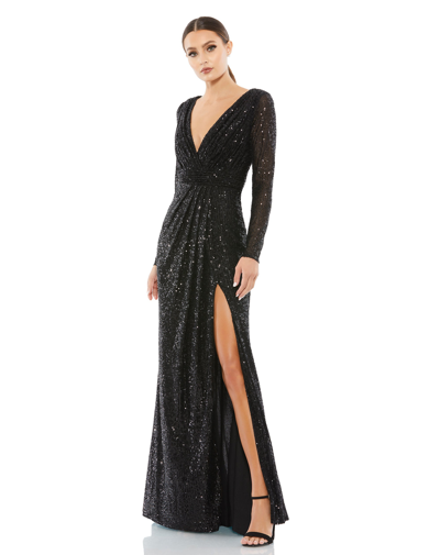 Ieena For Mac Duggal Long Sleeve Ruched Faux Wrap Sequined Gown In Black