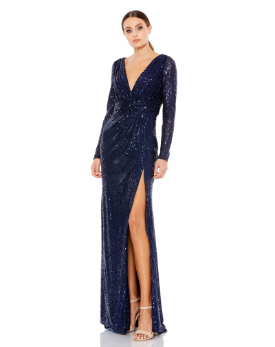 Ieena For Mac Duggal Long Sleeve Ruched Faux Wrap Sequined Gown In Midnight