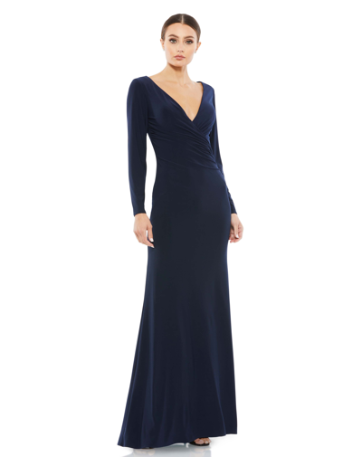 Ieena For Mac Duggal Long Sleeve Ruched Jersey V-neck Gown In Midnight