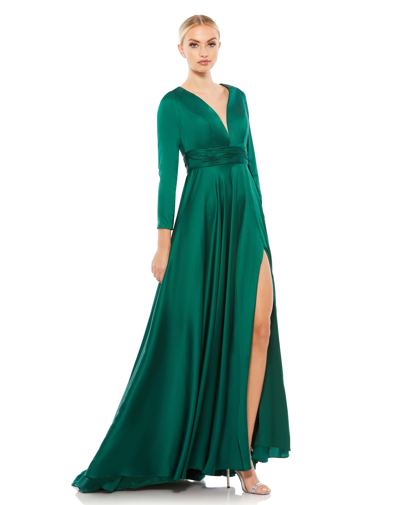 Mac Duggal Long Sleeve Ruched Waist A-line Gown In Emerald Green