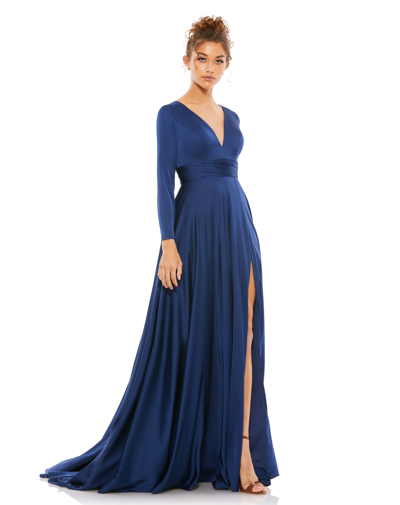 Ieena For Mac Duggal Long Sleeve Ruched Waist A-line Gown In Midnight