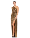 Mac Duggal Metallic Draped One Shoulder Grecian Dress In Antique Gold