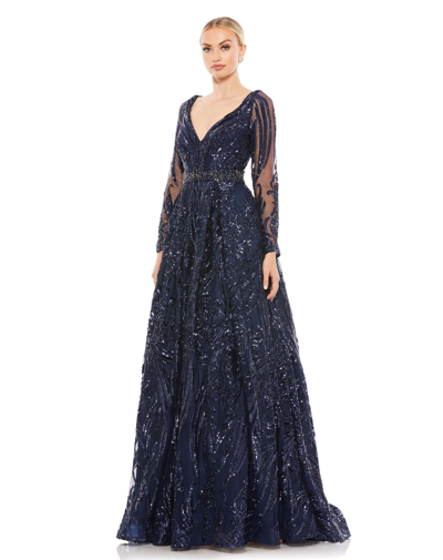 Mac Duggal Midnight Long Sleeve Embellished Evening Gown