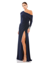 Mac Duggal Long-sleeve Beaded Cuff Asymmetric Jersey Wrap Gown In Midnight