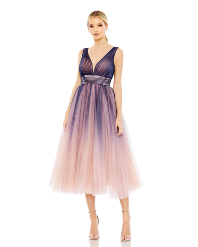 Mac Duggal Ombre Sleeveless V Neck Midi Dress - Final Sale In Blue