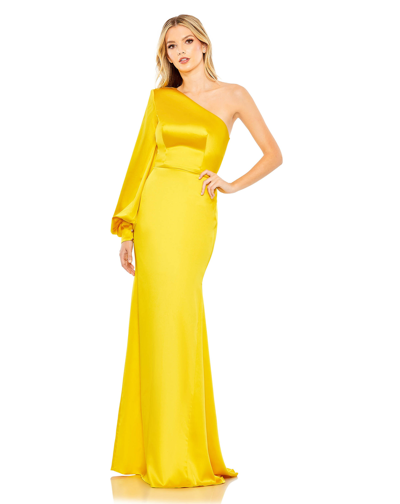 Ieena For Mac Duggal One Shoulder Bishop Sleeve Trumpet Gown In Yellow