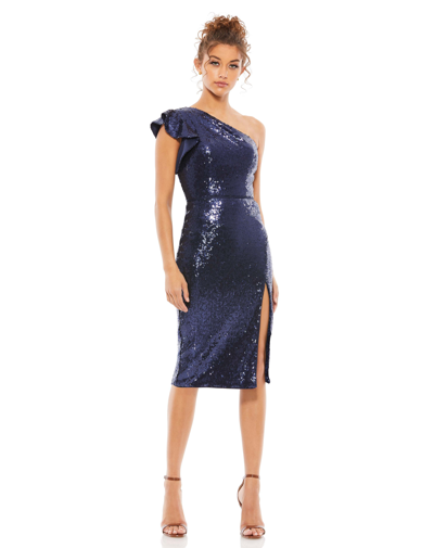 IEENA FOR MAC DUGGAL ONE SHOULDER RUFFLED SEQUINED MIDI DRESS