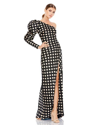 Ieena For Mac Duggal Asymmetrical Puff Long Sleeve Sheath Gown In Black/white