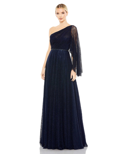 Mac Duggal One-shoulder Bell Sleeve Lace Gown In Navy
