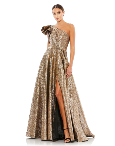 Mac Duggal One-shoulder Metallic Ballgown In Antique Bronze