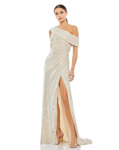 Ieena For Mac Duggal One-shoulder Ruched Sequined Gown In Nude
