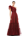 Mac Duggal Ruffled One Shoulder Tiered Chiffon Gown In Wine