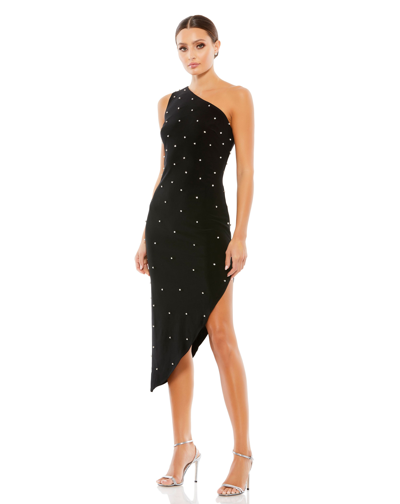 Ieena For Mac Duggal Pearl Encrusted One Shoulder Asymmetrical Hem Mid Dress In Black