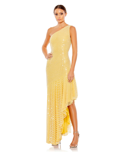 Mac Duggal Pearl One Shoulder Asymmetrical Hem Dress In Yellow