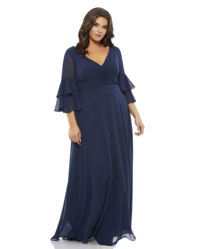 Mac Duggal Navy Pleated Bell Sleeve Chiffon Gown (plus)