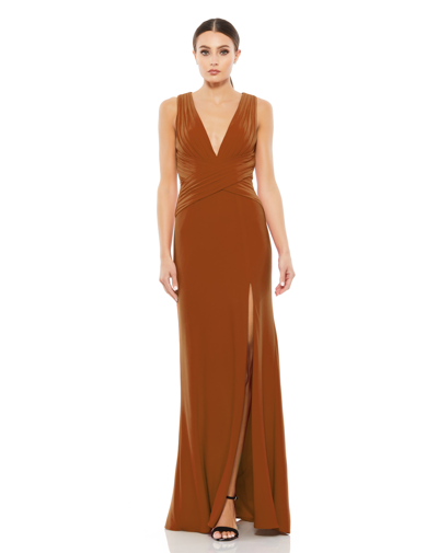 Ieena For Mac Duggal Pleated Bodice Jersey Column Gown In Caramel