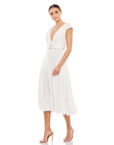 Ieena For Mac Duggal Pleated Cap Sleeve Belted A-line Midi Dress In White