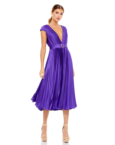 Ieena For Mac Duggal Pleated Cap Sleeve Belted A-line Midi Dress In Purple