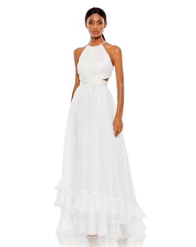 Mac Duggal Pleated Criss Cross Cut-out Halter Neck Gown In White