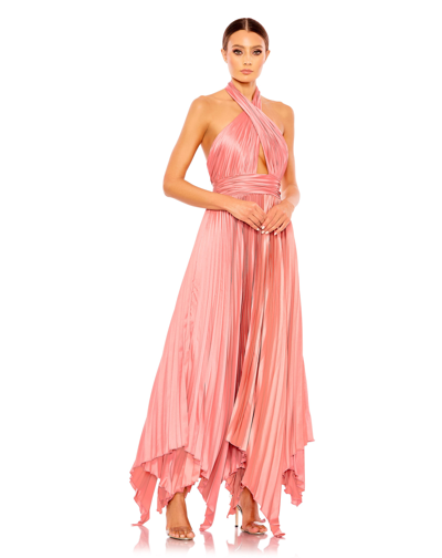 Mac Duggal Pleated Halter Neck Asymmetrical Hem Gown In Rose Pink
