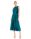 Mac Duggal Pleated High Neck Kitten Bow Midi Dress In Teal