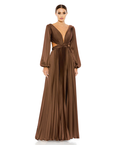 Ieena For Mac Duggal Pleated Long Sleeve Cut Out Gown In Espresso