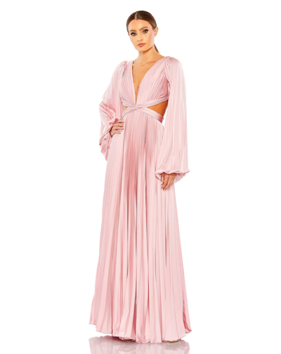 Ieena For Mac Duggal Pleated Long Sleeve Cut Out Gown In Pink