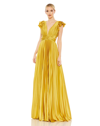 Mac Duggal Pleated Ruffled Cap Sleeve Cut Out Lace Up Gown In Chartruese