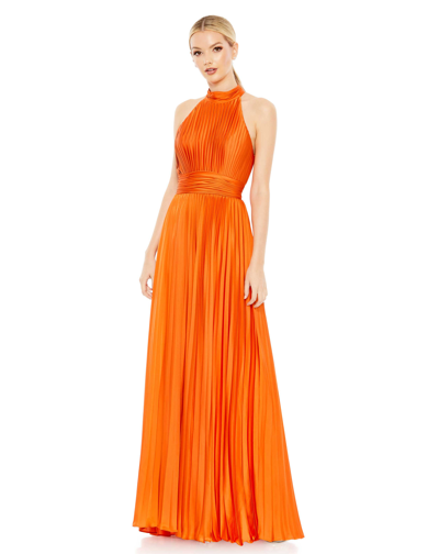 Mac Duggal Pleated Sleeveless Halter Gown In Sunset